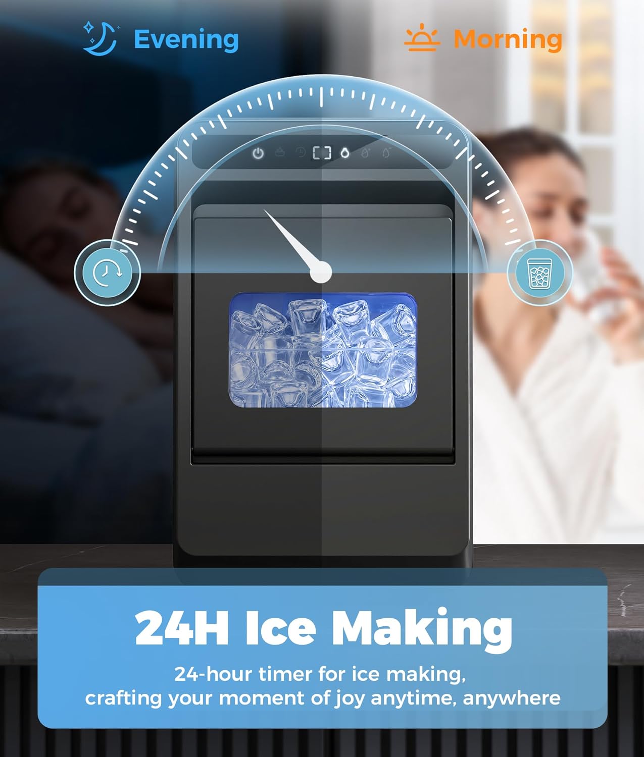 Clear Ice Cube Maker - 8 Crystal 1.2" Large Jelly Ice in 20Mins, 24H Timer, Full Bin &Water Shortage Alert, Self-Cleaning, with 10 Adjustable Ice Sizes