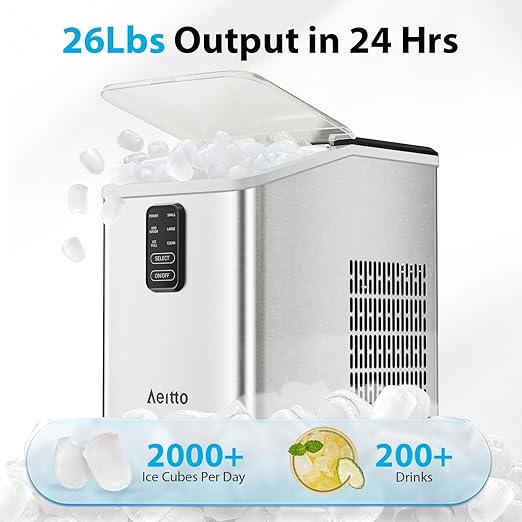 Aeitto Ice Maker Countertop 26lbs/24H, Ice Machine 8 Ice Cubes Ready in 6 Mins, 2 Sizes of Bullet Ice Portable Ice Makers