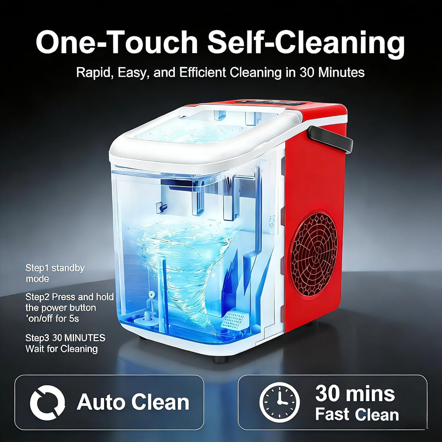 Countertop Ice Maker with Handle, Small Portable Self-Cleaning Ice Machine with Basket and Scoop, 26lbs/24H, 9 Ice Cubes in 6 Mins,