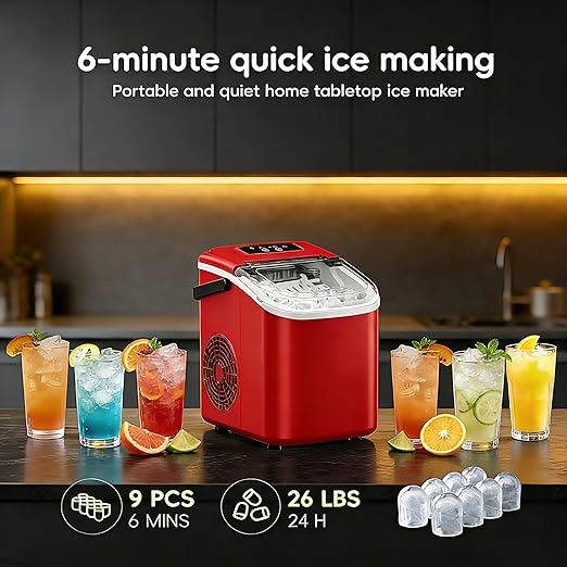 Countertop Ice Maker with Handle, Small Portable Self-Cleaning Ice Machine with Basket and Scoop, 26lbs/24H, 9 Ice Cubes in 6 Mins,