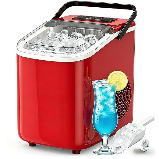 Countertop Ice Maker with Handle, Small Portable Self-Cleaning Ice Machine with Basket and Scoop, 26lbs/24H, 9 Ice Cubes in 6 Mins,