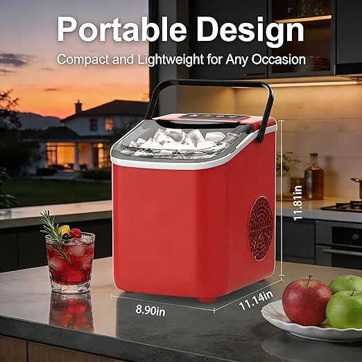 Countertop Ice Maker with Handle, Small Portable Self-Cleaning Ice Machine with Basket and Scoop, 26lbs/24H, 9 Ice Cubes in 6 Mins,