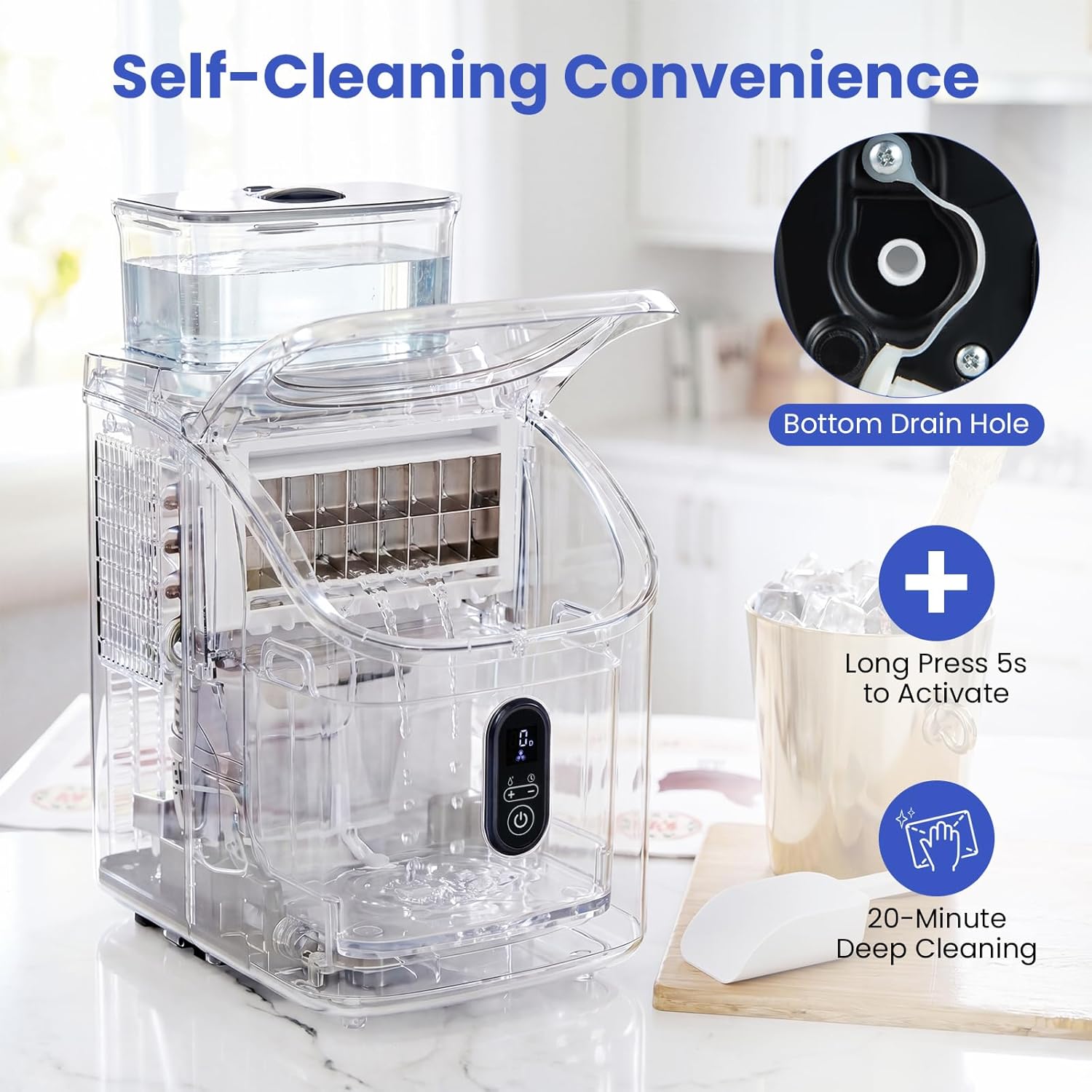 COSTWAY Countertop Ice Cube Maker with External Water Tank, 16Pcs Ready in 6 Mins, 34Lbs/24H Portable Ice Machine with 13 Thickness Levels, Self-Cleaning