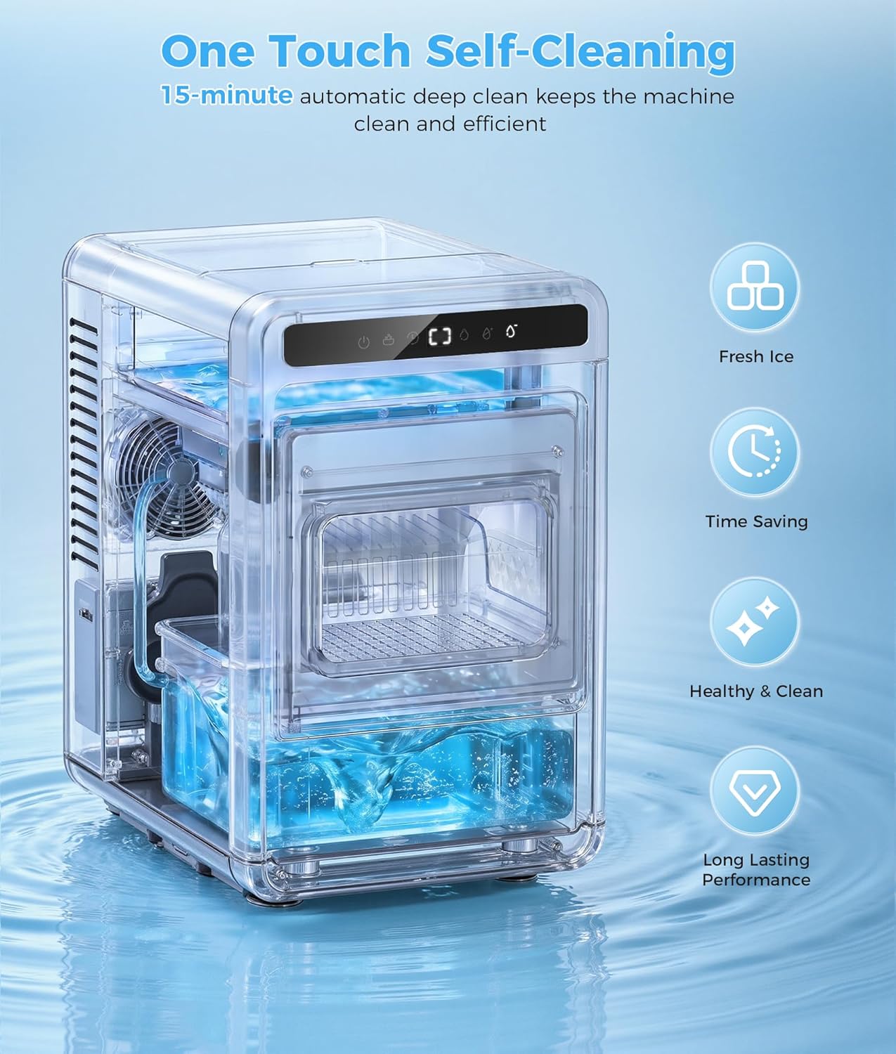 Clear Ice Cube Maker - 8 Crystal 1.2" Large Jelly Ice in 20Mins, 24H Timer, Full Bin &Water Shortage Alert, Self-Cleaning, with 10 Adjustable Ice Sizes